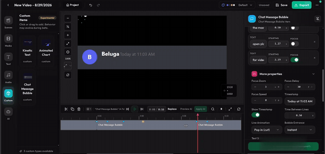 Editing a chat-simulation thread: sender, message text, pause zones, and bubble animation in the inspector